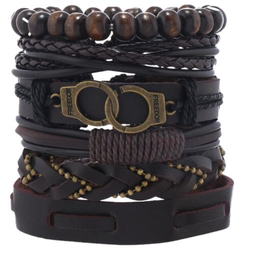 6 db barna férfi fonott bőr karkötő készlet