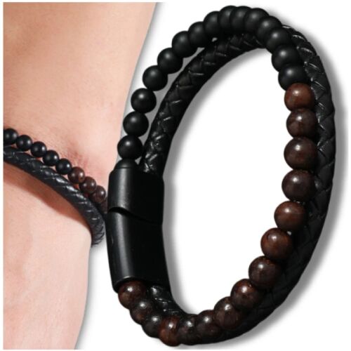 Férfi karkötő természetes bőrből és kőgyöngyökből 123407629