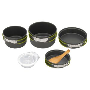 Cattara Brew kemping edénykészlet, 2 fazék, 2 lábas, 2 serpenyő, 3 tál, 13 cm fakanál, lehajtható merőkanál, dörzsi és hálós táska - Cattara