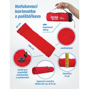 Acra L48-ZL felfújható matrac párnával, piros, méretei 188 x 55 x 5 cm, kemping matrac, kemping felszerelés - Acra