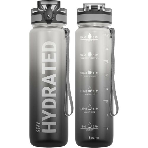 Dwie butelki Stay Hydrated, 1000ml, szary i czarny ombre, z motywacyjnymi cytatami i harmonogramem, bez BPA