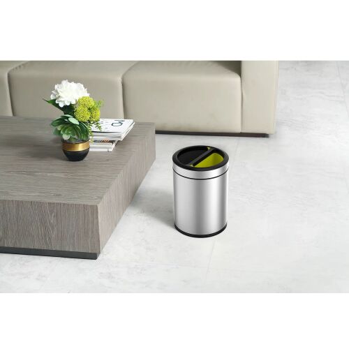 Rozsdamentes acél szemeteskuka két rekeszes, nyitott tetejű, kerek formájú, tökéletes otthonra vagy irodába