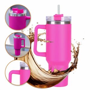 Nagy praktikus termosz bögre fogantyúval és szalmával 1L rózsaszín CUP10