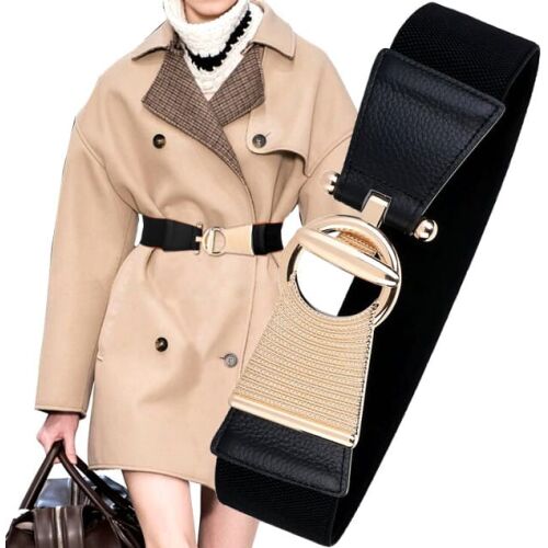 Elegáns női széles öv arany csattal, rugalmas, szintetikus gumi és öko bőr, 68-95 cm x 6 cm