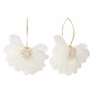 Lelógó fülbevaló kristályokkal, tüll fehér virágokkal 10x8 cm K1675B