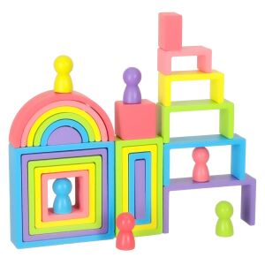 Blocuri de construcție din lemn Montessori Rainbow, blocuri de stivuire colorate pentru copii, jucărie educativă pentru bebeluși - Joc de construcție din lemn
