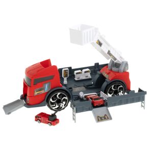 Transporter TIR 2in1 parkolóház tűzoltók + 3 autó piros