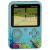 Retro mini handheld game console G5, blue and grey color, with colorful abstract design, playing a game