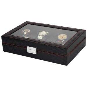 Óra ékszerdoboz 10 db-os, fekete szén, varrással, méretei 28 x 22 x 8 cm, pd136. 123610835 - Óraforgató & óratartó doboz