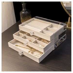 Ékszerdoboz, átlátszó bársony tok krém gyémánt, 3 fiókos pd152k