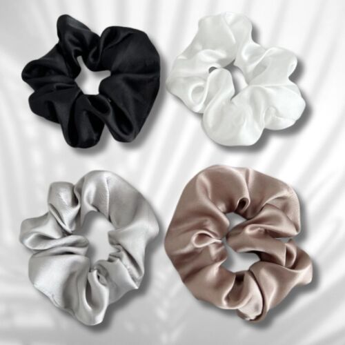 4 darabos szatén scrunchie készlet fekete, bézs, fehér és szürke színben - Hajgumi