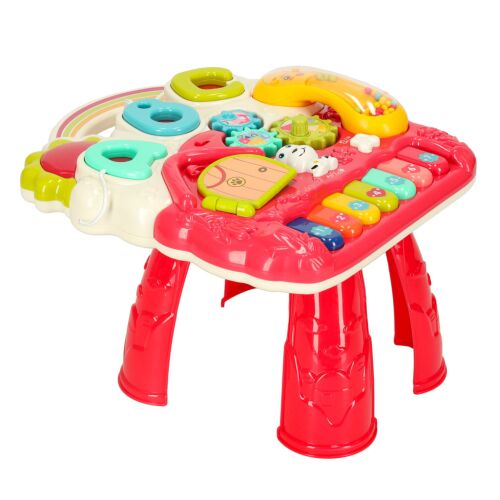 Roter 4-in-1 interaktiver Lernspieltisch und Lauflernwagen für Babys, mit Klavier, Telefon, Zahnrädern und Formensortierer