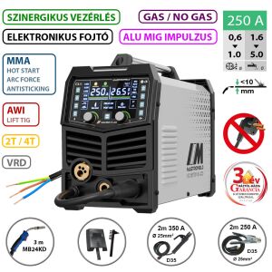 MASTRO MIG-250 P LCD multifunkciós hegesztő inverter szinergikus vezérléssel, gáz/gáz nélkül, és alumínium MIG impulzussal - Építkezés & Felújítás