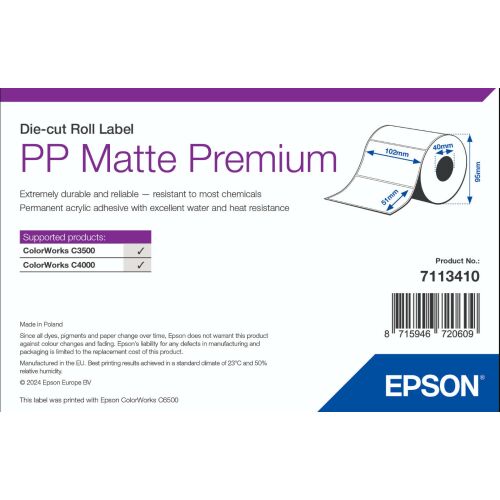 Epson 7113410 PP Matte Premium Címke, 102mm x 51mm, kompatibilis ColorWorks C3500 és C4000 nyomtatókkal - Irodai papíráru