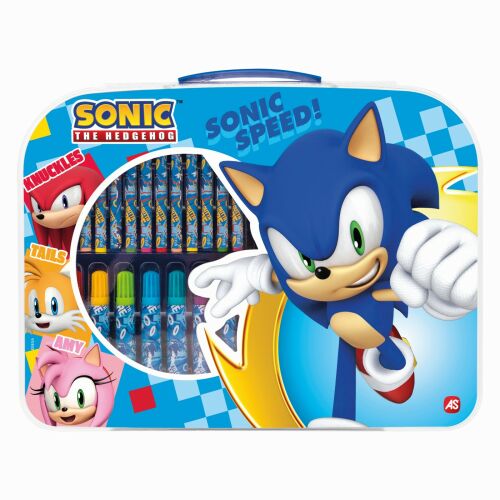 Sonic a Sündisznó Művészeti Tok 12 színes ceruzával, 12 filctollal, 6 színes ceruzával, vonalzóval, ceruzával és radírral - Rajz- és festőkészlet