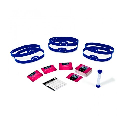 Tie-ScriS in Frunte játék elemei, tartalmaz fejpántokat, kártyákat, homokórát és pontszámoló lapot