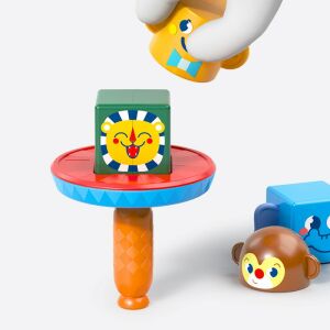 Joc de puzzle educativ Circus Tower de la Mola, cu blocuri colorate cu fețe de animale, o bază rotativă și o pălărie magică - Joc de construcție din lemn