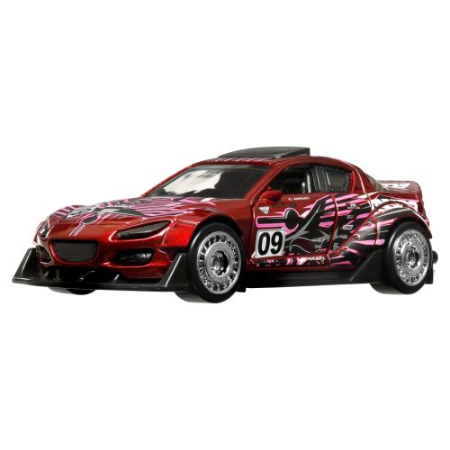 Hot Wheels 2004 Mazda RX8 Custom 1:43 méretarányú fém visszahúzható autó, piros fekete és rózsaszín mintával, elülső nézet