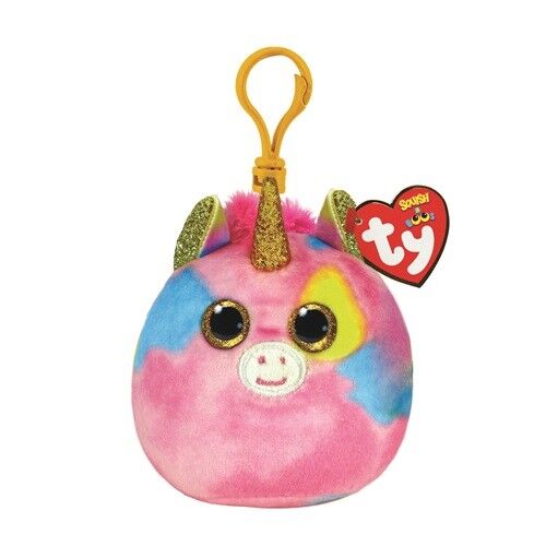 Ty Squishmallow egyszarvú plüss kulcstartó, rózsaszín és kék tie dye, arany szarv, 8.5cm