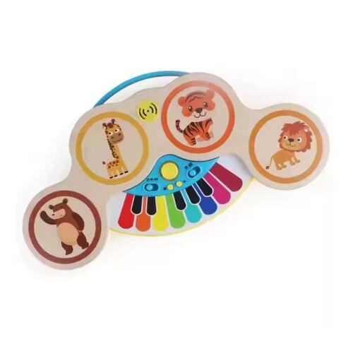 Fa zongora és dob játék állatmintákkal, gyerekeknek