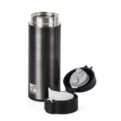 G21 Vitality 350 ml rozsdamentes acél termosz, nyitott fedél, a fedél és a palack belseje látható - Kulacs