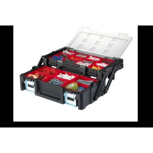 Keter Cantilever 18 szerszámos doboz kivehető rekeszekkel, fekete és piros színben, csavarokkal és egyéb apró alkatrészekkel töltve - Keter