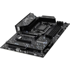 Angled view of MSI X870 GAMING PLUS WIFI motherboard showcasing heatsinks and components - Motherboard