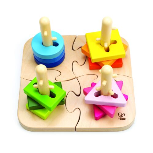 Hape Kreatív Csapos Puzzle, fa formaválogató játék kisgyermekeknek, négy különböző formával és színnel - Fejlesztő játék ovisoknak