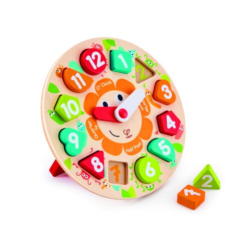 Hape Chunky Clock Puzzle, fa formaválogató óra gyerekeknek, időmérés, számok, formák és színek tanulása