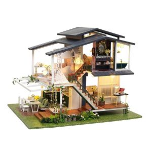 Barkács gyerekház, fából, bútorokkal és világítással, 23,5x32x24,5 cm, fekete-fehér, 23,5x32x24,5 cm, fekete-fehér