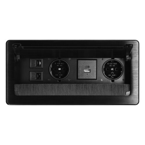 ORNO OR-GM-9041(GS)/B Schuko ugradna utičnica, 2 utičnice 230V, 1xUSB-A, 1x USB-C, 2 x RJ45 CAT 5E, 3680W, IP20, kabel 1,5 m, četka za prašinu, crna 123755619