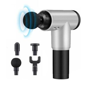 Silberne Massagepistole mit 4 austauschbaren Köpfen, darunter ein Kugelkopf, ein Gabelkopf, ein Spiralkopf und ein flacher Kopf - Massagepistolen