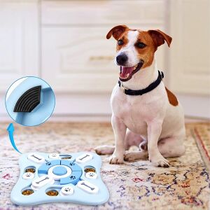 Jucărie interactivă pentru câini, pentru hrănire lentă, albastră, cu picioare de cauciuc antiderapante și un câine fericit - Petshop