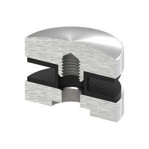 Glasverbinder seitlich, Edelstahl E47, zur Aufnahme von Glas 8 - 17,52 mm, 10 mm Abstandshalter, Durchmesser Ø 50 mm, Oberfläche satiniert