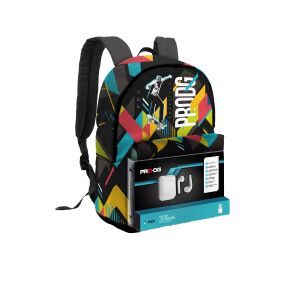 Batoh PRODIGY Sk8 s Bluetooth slúchadlami, čierny s farebným geometrickým vzorom, pohľad pod uhlom - Batohy