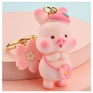 Mágikus kulcstartó malacka és virág címkével, szélessége 3 cm, magassága 5,5 cm, teljes hossza karabinerrel 12,5 cm