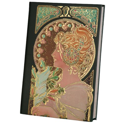 Mucha Feather Journal, 256 illusztrált és vonalas oldal, varrott kötés, 128 x 188 mm, 100 g Daolin papír, szecessziós keménytáblás napirend, zöld