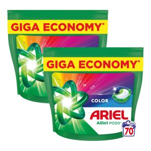 Două pachete de capsule de detergent Ariel Allin1 PODS Color, dimensiune Giga Economy, 70 de capsule per pachet. - Gel de spălare, Clătiți și Capsulă de spălare