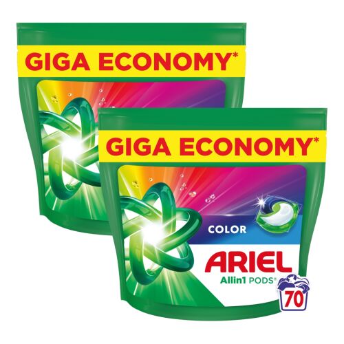 Two packs of Ariel Allin1 PODS Color laundry detergent capsules, Giga Economy size, 70 count per pack.