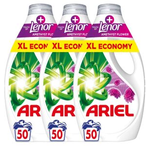Ariel + Lenor Amethyst Flower detergent lichid, pachet de 3, 150 de spălări - Gel de spălare, Clătiți și Capsulă de spălare