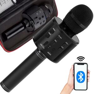 Schwarzes Karaoke-Mikrofon mit eingebautem Lautsprecher und Etui, über Bluetooth mit einem Smartphone verbunden - Mikrofone