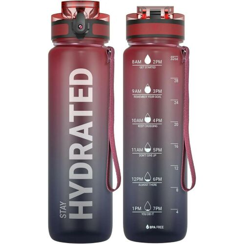 Dve fľaše na vodu Stay Hydrated, bordová a modrá ombre farba, zobrazujúce časové značky a štítok bez BPA