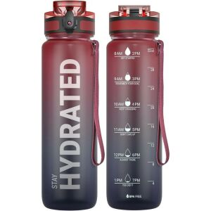 Două sticle de apă Stay Hydrated, culoare ombre bordo și albastru, arătând marcajele de timp și eticheta fără BPA - Transportatori de alimente și băuturi