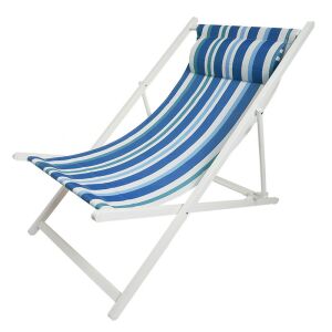 Kék-fehér csíkos összecsukható napozószék fehér váz és fejtámlával - Napozóágy & Nyugágy