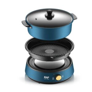 RAF R.5318 2 în 1 Gătar Electric, 4L, 1350W, albastru, dezasamblat, arătând oala, tigaia grill și baza - Oale electrice