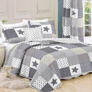 Szürke patchwork stílusú kétoldalas ágytakaró csillagokkal, 160x230cm - Ágytakaró