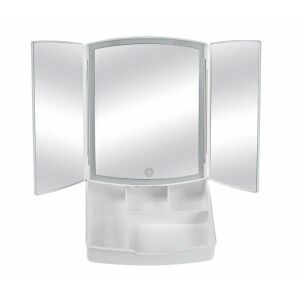 Białe lustro do makijażu z podświetleniem LED, 3 panele, 72 diody LED, 5-krotne powiększenie, schowki, zasilane przez USB - Lusterko kosmetyczne