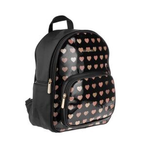Fényes hátizsák szívekkel, hölgyeknek, PU, 27x12x32.5cm fekete/bézs színben