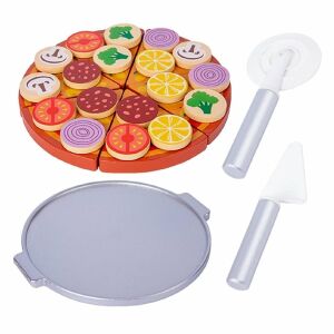 Szerepjáték, pizzaszeletelővel, fa kiegészítőkkel, tálcával, késsel és villával, 20 cm átmérőjű, több színű.