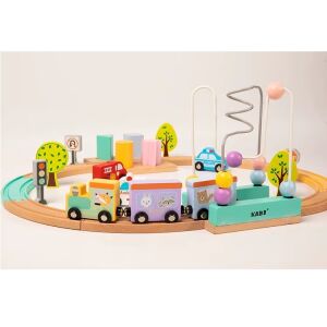 KABI Beads Coast Train Set, 20 dielov, drevená súprava vlaku s korálkami, zvieratami, autami a stromami, viacfarebná, 30x23x10 cm - Vlak, železničný prvok, diaľnica